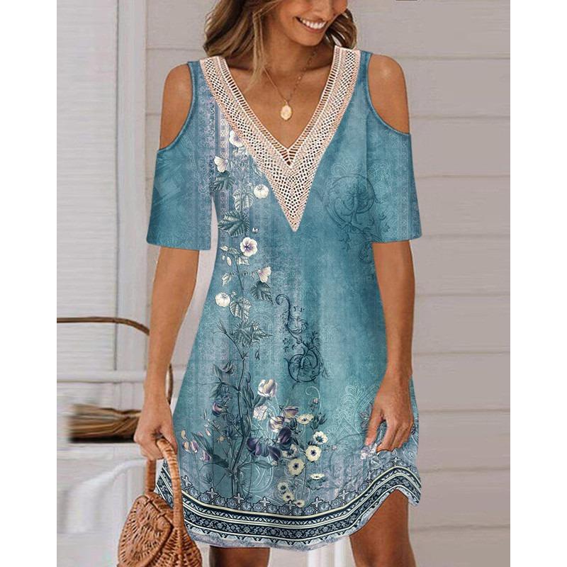 Dámská móda Léto Jaro Květinový potisk 1/2 rukávy Výstřih do V Volný pas Šaty pro volný čas