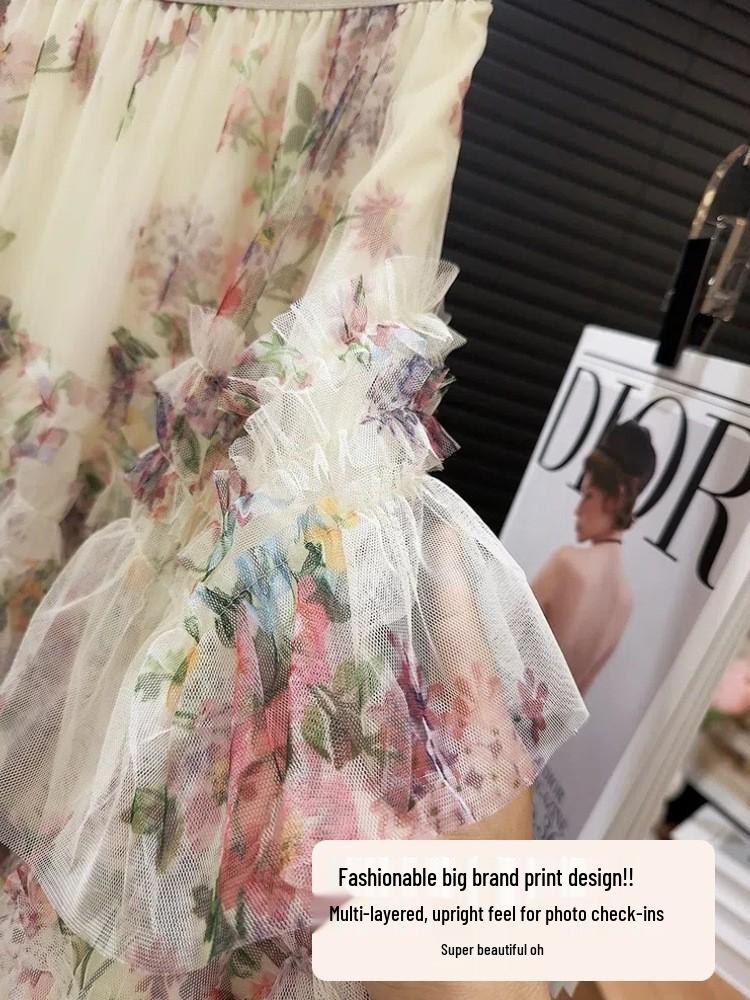 Dam Blommig Patchwork Mesh Puffig Kjol - Ny Europeisk & Amerikansk Stil