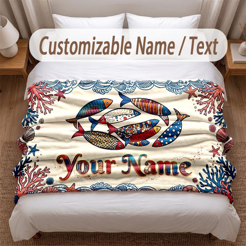 Fish Ocean Theme Soft Blanket Personalized Custom Name Text Print Warm Blanket Home Sofa Bedroom Decor
