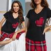 Summer Sleeping Suit for Women 2 Pieces Pajamas Set V Neck Short Sleeves Heart Printed Shirts and Plaid Long Pants Leisure Home Wear Nighty