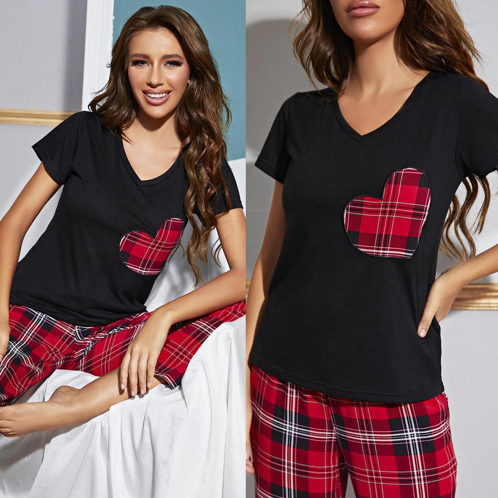 Summer Sleeping Suit for Women 2 Pieces Pajamas Set V Neck Short Sleeves Heart Printed Shirts and Plaid Long Pants Leisure Home Wear Nighty