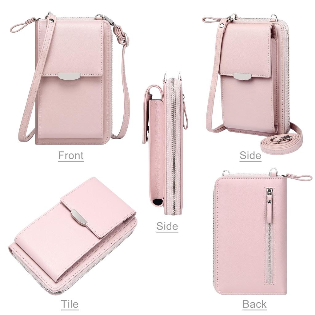 KUKOO Kleine Crossbody Tas met Portemonnee voor Mobiele Telefoon en Creditcardvakjes voor Dames, A- Roze Rits Verbeterde Versie, één maat