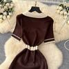 Elegant Slimming Spliced Single-breasted Knit Dresses for Women Lapel Short Sleeves Patchwork Sweater Dress Female
