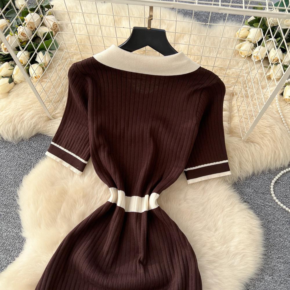 Elegant Slimming Spliced Single-breasted Knit Dresses for Women Lapel Short Sleeves Patchwork Sweater Dress Female