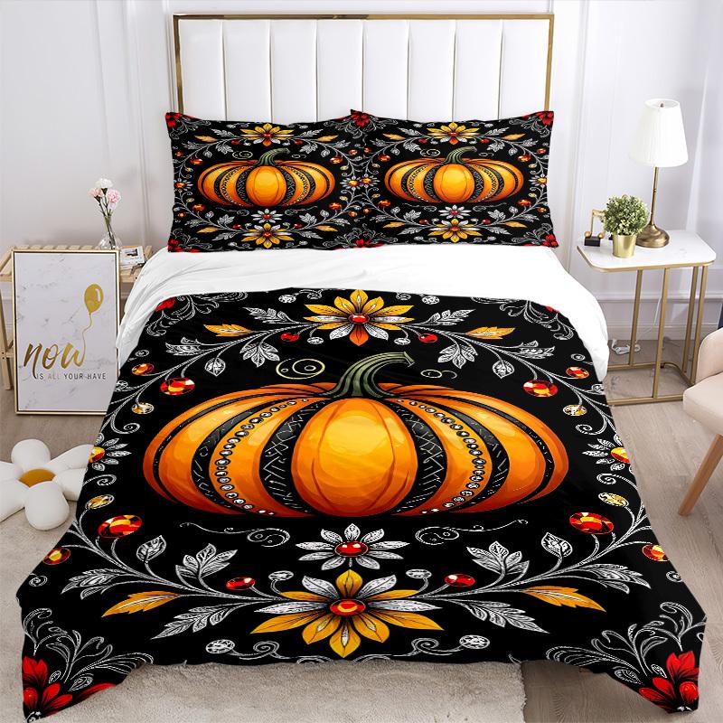 3pc Pumpkin Floral Cover Set - 1 Quilt Cover + 2 Pillowcases, All Seasons Bedroom Setting, Perfect for Home033