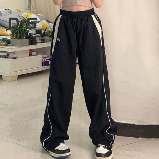 Women Summer Casual Pants Elastic High Waist Straight Wide Leg Long Trousers Contrast Color Pockets Sport Pants Streetwear