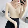 V Long Color Solid Neck Sleeve Slim Inner Bottoming Knitted Sweater Chic Tops