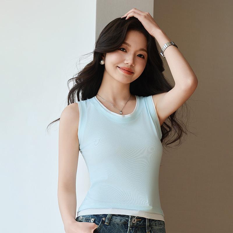 2026 Spring/Summer Women's Sleeveless Two-in-One Modal U-Neck Color Block Slim Fit Vest
