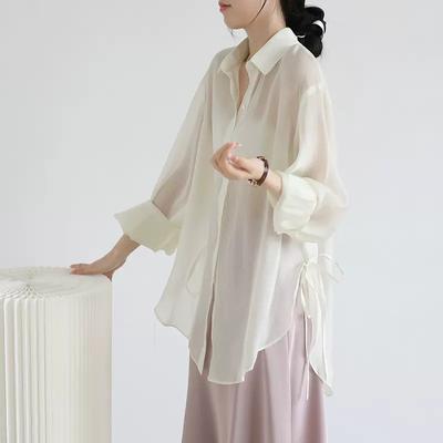 Camisa de Tencel com proteção solar de seção fina Camisa feminina verão solta transparente amarrando ar condicionado externo Cardigan xale blusa de chiffon gelo