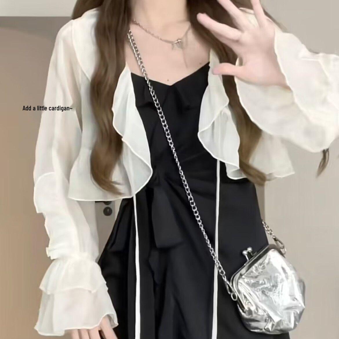 2025 Summer Spicy Girl Ruffled Spaghetti Strap Dress with Waist Cinching and Cardigan S
