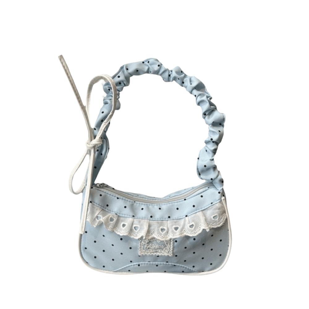 Lace Polka Dot Shoulder Bag Drawstring French Stick Handbag Fashion Pleated Underarm Bag  Commute синий