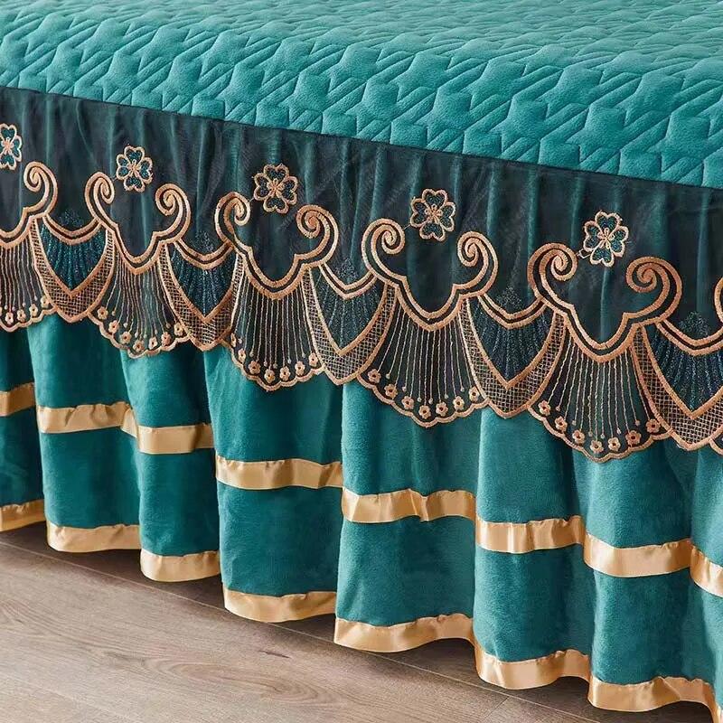 Luxury Lace Embroidery Bed Sheet Thick Velvet Quilted Bed Skirt Queen Size Warm Soft Plush Bedspread  Not Included Pillowcase