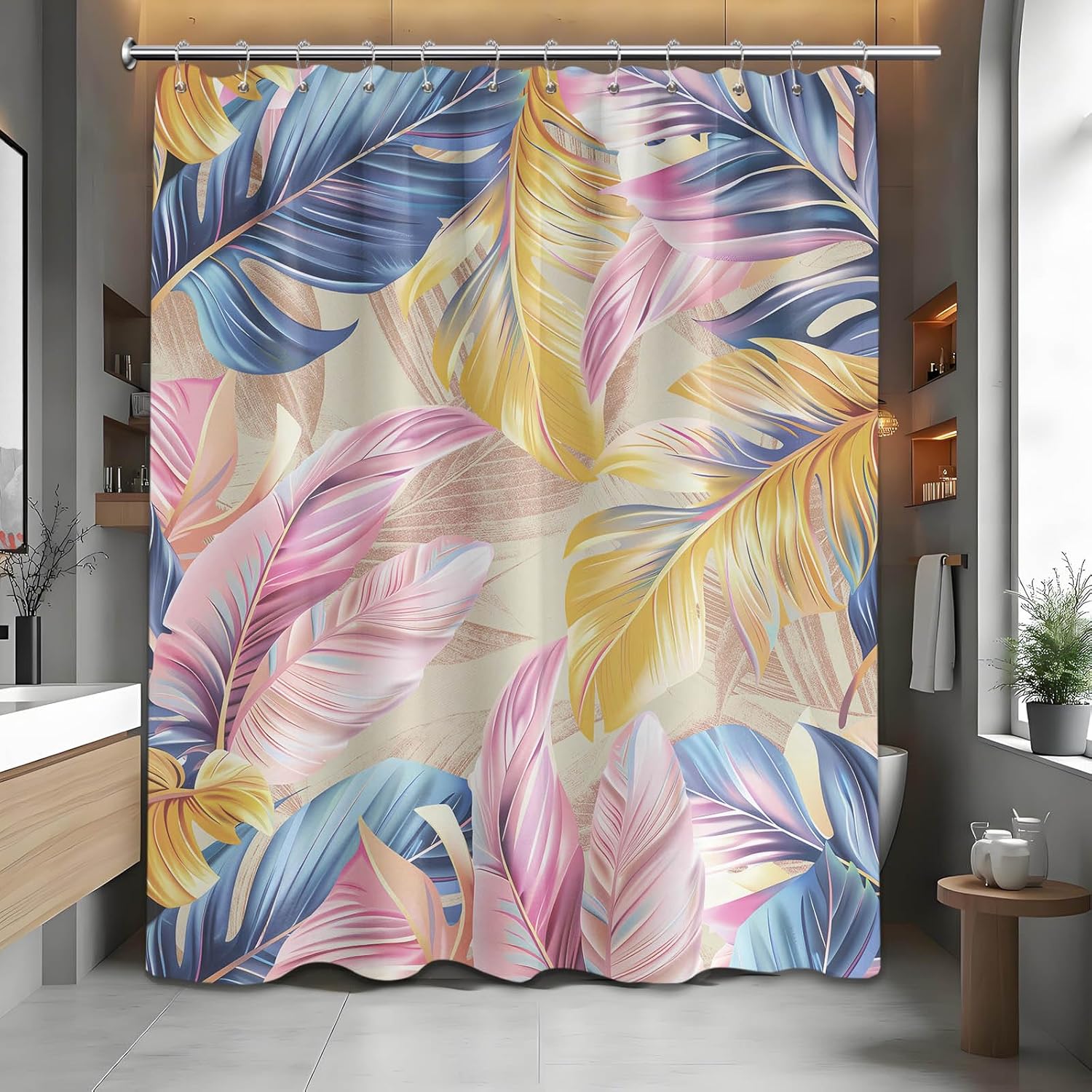 

Tropical Palm Leaf Shower Curtain – Pink, Blue & Yellow Watercolor Leaves, Vibrant Bathroom Decor W60H190(CM)-1 Pcs