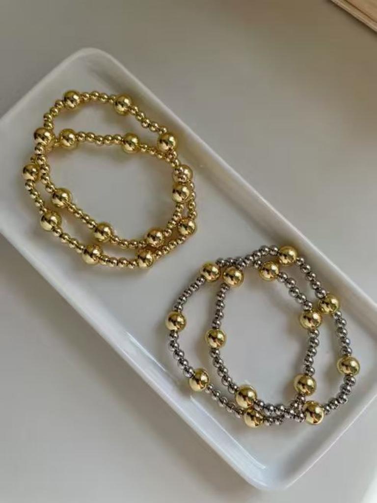 Vlen Stackable Gold Plated Silver Color Mix Ball Bead Bracelet for Women Classic Statement Jewelry Gift Elastic Beaded Bracelet