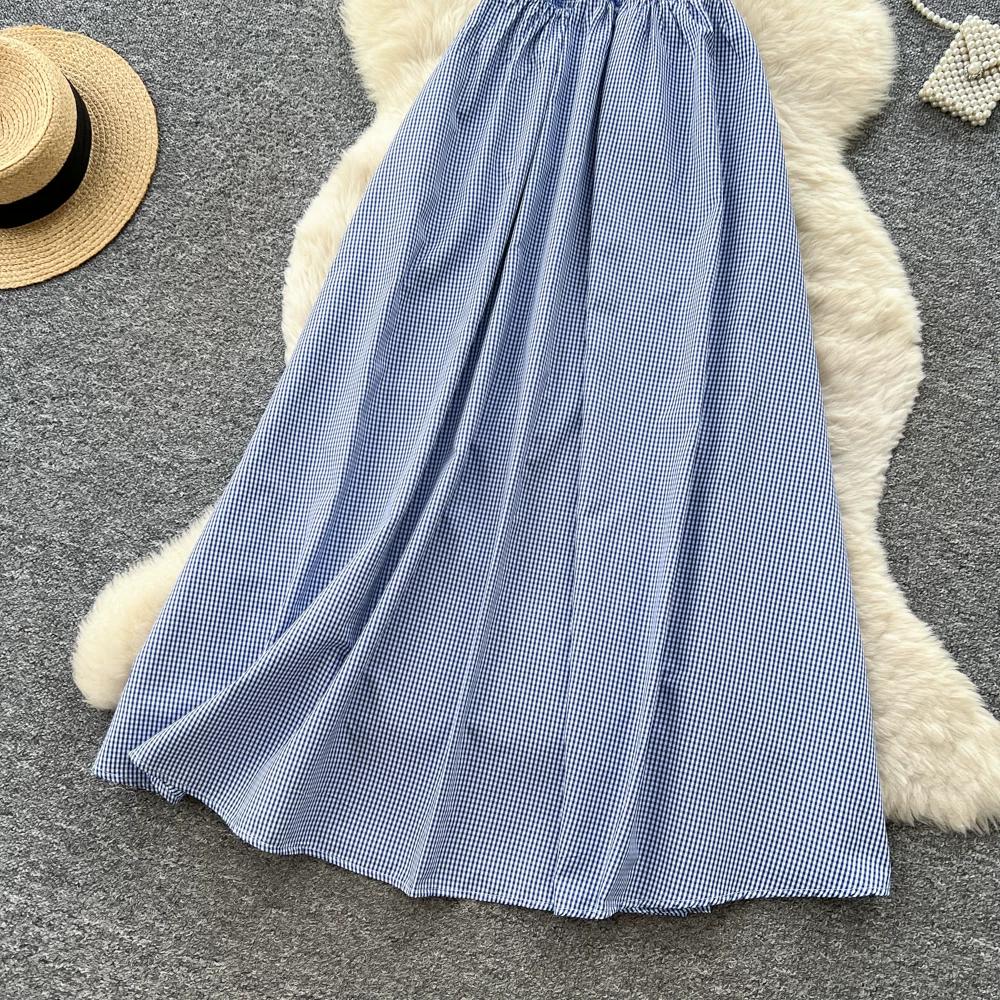 Korean Fashion High-Waisted A-Line Maxi Dress Summer V-Neck Sleeveless Lace-Panel Checkered Elegant Long Dress for Women
