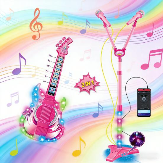 Yousheng Kids Guitar Microphone Play Set Girls Pink Guitar Karaoke Machine with LED Light Music Toddlers Educational Singing Mic Musical Instrument
