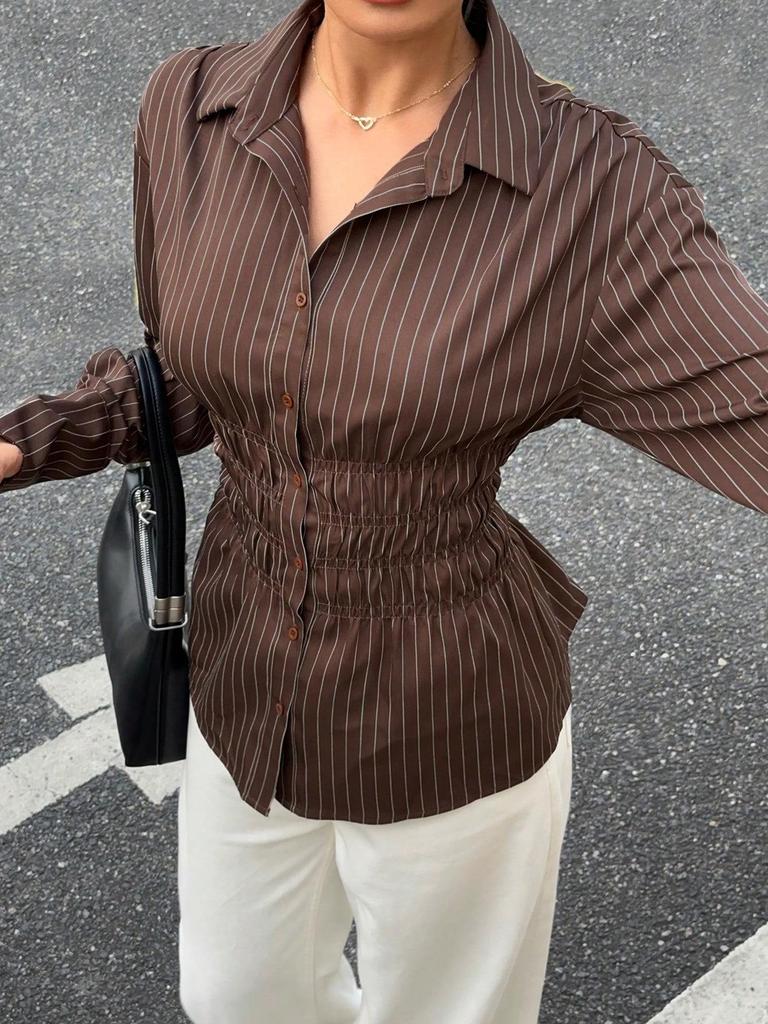 Euro-American Spicy Girl Striped Slim Fit Lapel Retro Long-Sleeve Shirt