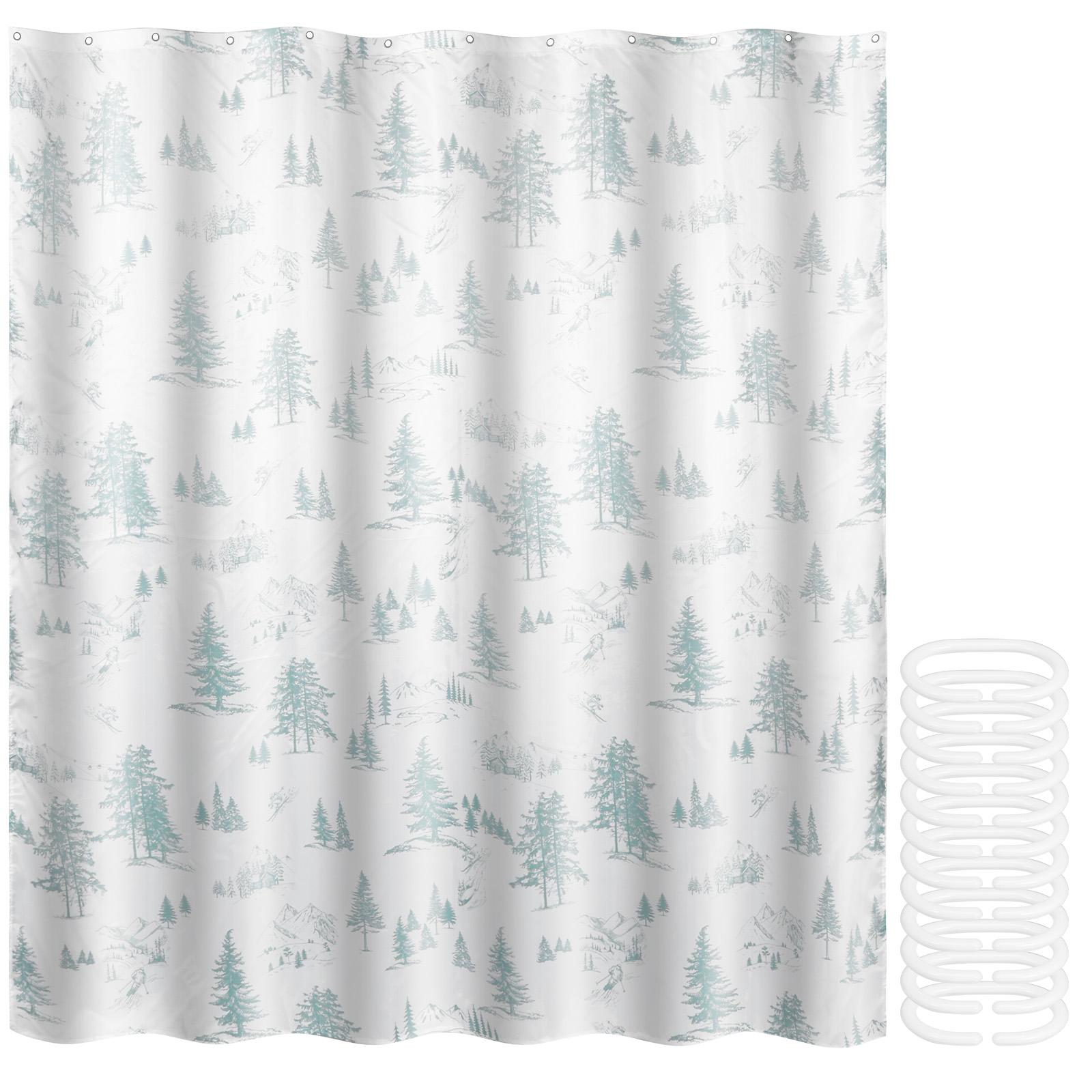

Bathroom Shower Curtain Snow Mountain Pine Tree Pattern Waterproof Shower Curtain with 12 Plastic Hooks Machine Washable for зелёный