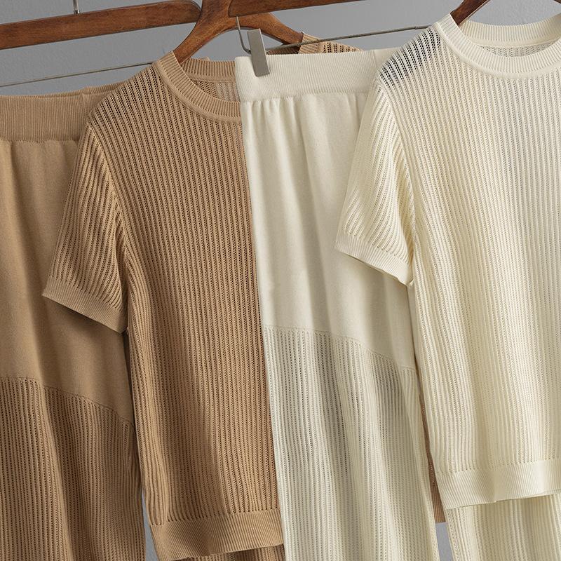 Autunno Inverno Lazy Wind Loose O-Collo Pullover Maglione Completo Donna Tinta Unita Manica Corta Maglia Pantaloni Gamba Larga Due Pezzi Set