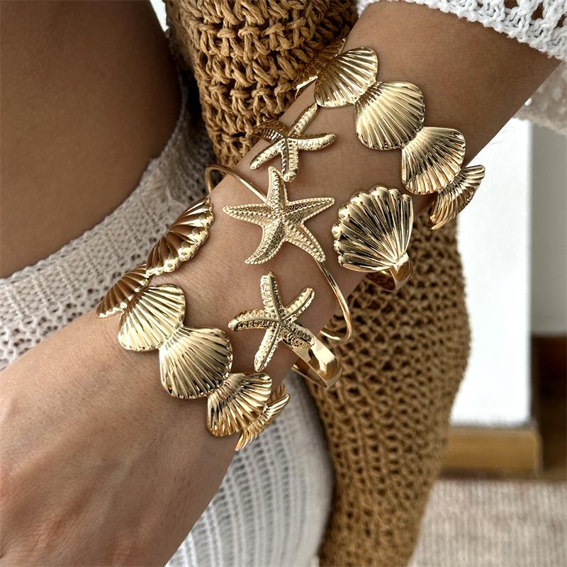 5Pcs/Set Exaggerated Starfish Shell Wide Cuff Bangle for Women Gold Color Sea Star Scallop Open Bracelet Beach Party Jewelry