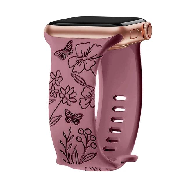 Floral Engraved Strap For Apple Watch Band 40mm 44mm 41mm 49mm 45mm 38mm 42mm Silicone Bracelet Iwatch Series 9 7 Se 6 8 Ultra 2