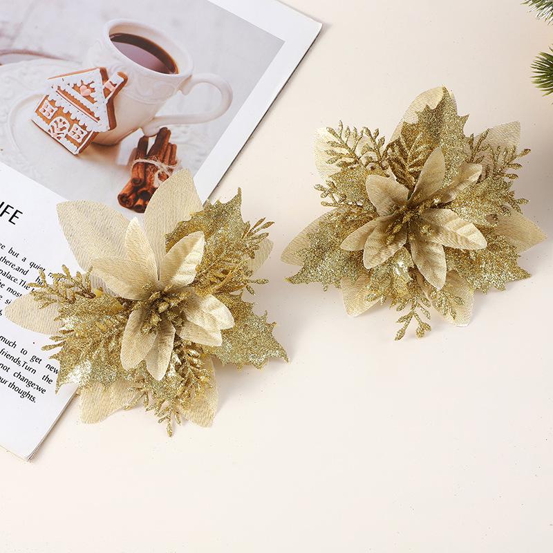 Gold Powder Christmas Flower Head for DIY Tree Decorations