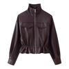 Womens Street Fashion Loose Fit Jacket PU Leather Square Collar Long Sleeve