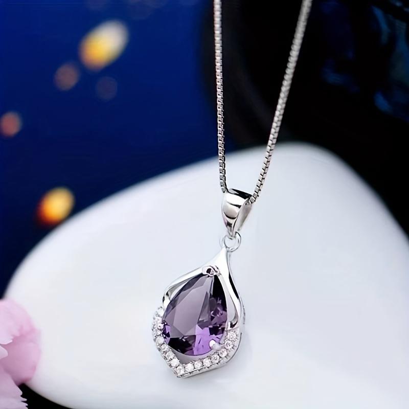 1Pc Water Drop Shape Pendant Necklace Purple Artificial Diamond Pendant Men's and Women's Necklace Anniversary Gift