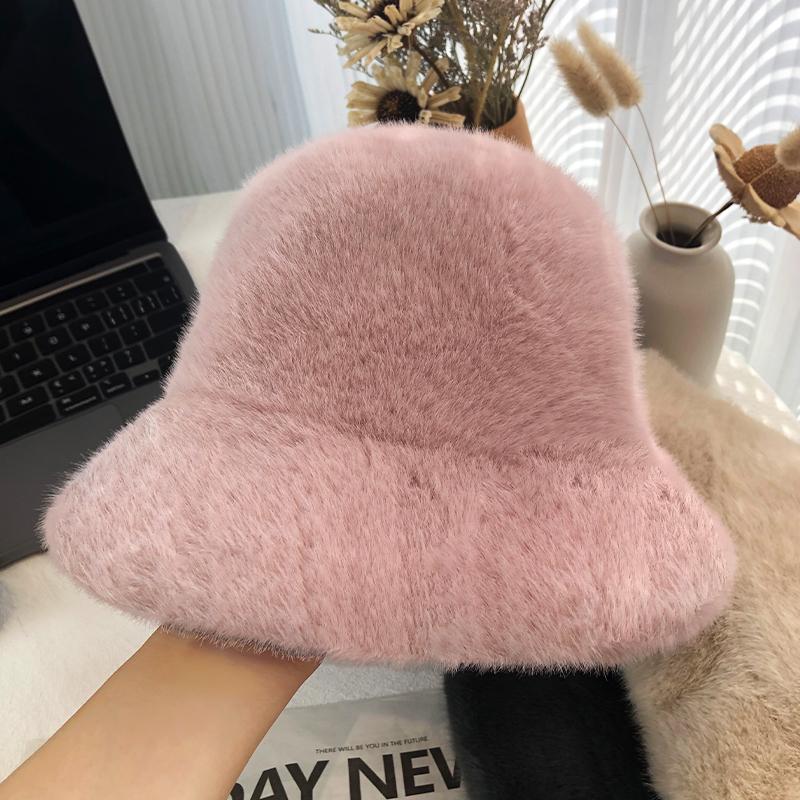 Imitation Mink Mink Hair Bucket Hat Female Autumn and Winter Warm White Plush Bucket Hat Female Winter Washbasin Hat