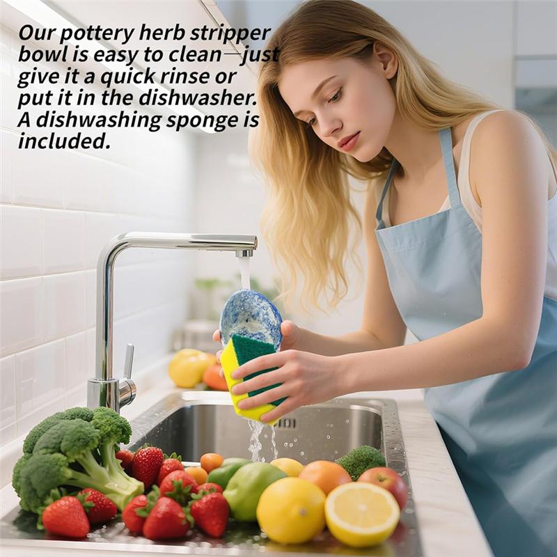 A03F-Kitchen Efficient Leaf Removal Tool, Herb Stripping Tool, Pottery Herb Stripper Bowl, Herb Stripper Bowl