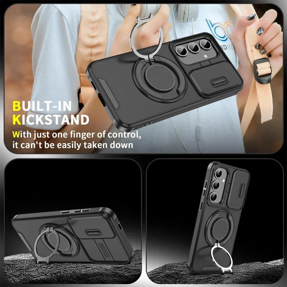 Shockproof Magnetic Phone Case for SamsungA17 A56 A36 A26 A16 A06 S24 S25 Ultra Plus Slide Camera Lens Ring Stand Protect Case