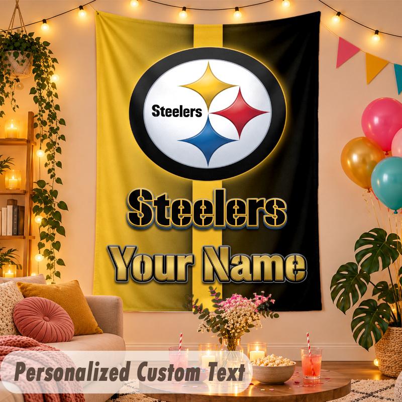 Pittsburgh Steelers Personalized Wall Tapestry Custom Name Text Polyester Hanging Decor Home Room