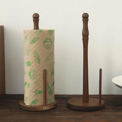 Kitchen Wooden Paper Towel Holder Oil-absorbing Roll Paper Holder Storage Rack Plastic Wrap Freestanding No-drill Storage Rack
