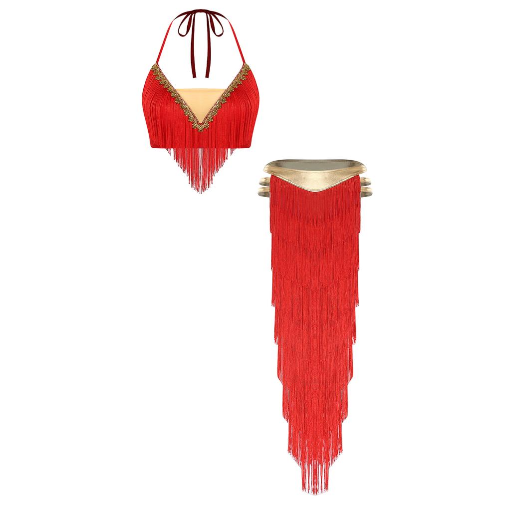 Womens Fringed Dance Outfit Halter Top Lace Up Gold Trim Crop Top Irregular Hem Slit Tiered Skirt