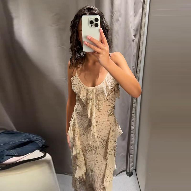 Mesh Sling Dress Women V-neck Diamonds Ruffles Long Dresses Female Backless Sleeveless Spring Summer Casual Lady Holiday Dress