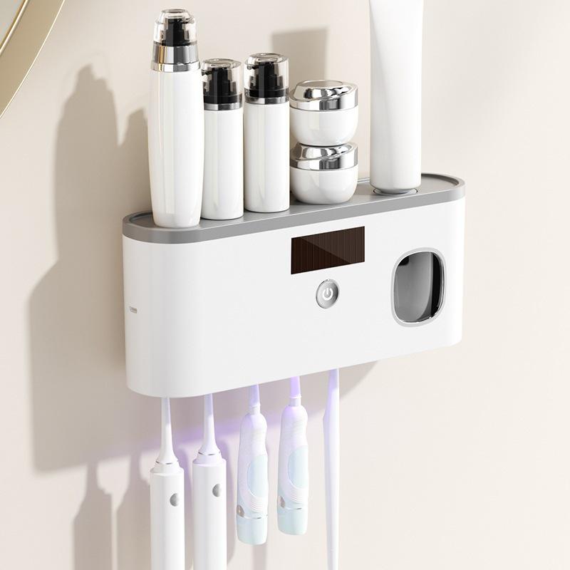 Wall-Mounted UV Sterilizing Toothbrush Holder with No-Drill Installation, Black and Gold Gun Gray, Includes Tooth Mug Storage.