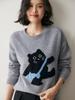 Korean Style Women's Cashmere Sweater - Cute Cat Jacquard, Round Neck Knitwear for Autumn/Winter