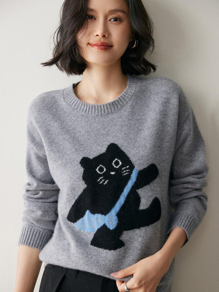 Korean Style Women's Cashmere Sweater - Cute Cat Jacquard, Round Neck Knitwear for Autumn/Winter