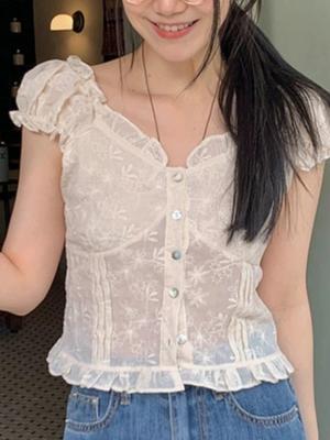 Casual Design Lace Blouse Women Retro Elegant Embroidery Y2k Shirts Female Korean 2024 Hugging Buckle Slimming Shirt Summer