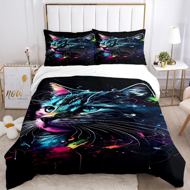 3pcs Colorful Cat Printed Duvet Cover Set (1 * Cover+2 * Pillowcase, Without Core), Suitable for Home Bedroom, Guest Room, Dormitory Decoration I