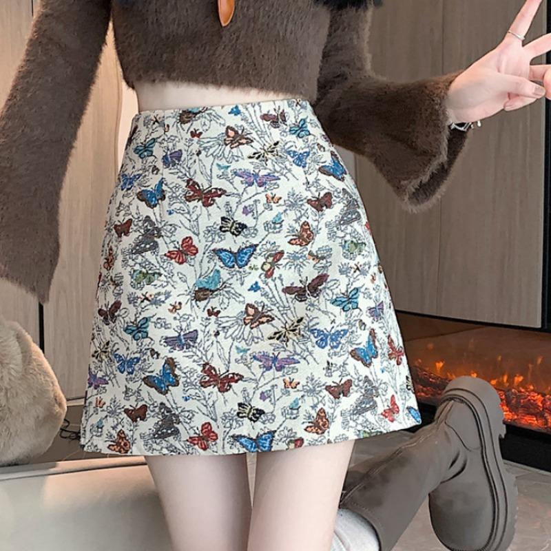 

Women Stylish Vintage Butterfly Embroidery Jacquard A-line Skirt Streetwear Y2K Harajuku High Waist Sweet Chic Slim Mini Skirts S бежевий