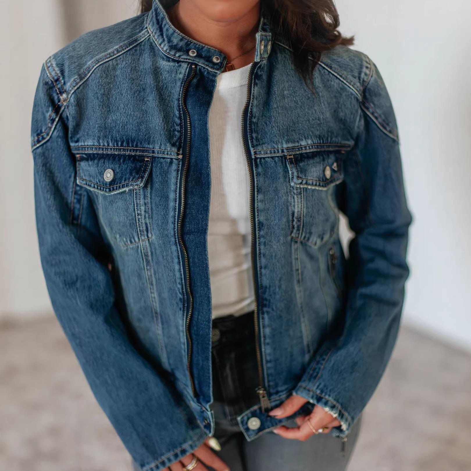 

Женская свободная короткая джинсовая куртка с воротником-стойкой, светло-голубая, стираная, весна 2026 (89349) Small синий