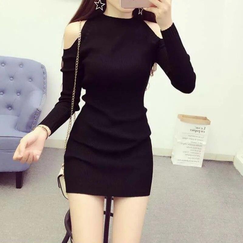 Schulterfreies, langärmliges Strickkleid für Damen, sexy und eng anliegender Strickpullover, Hüftwickel-Unterziehpullover, ausgehöhlt, mittellang