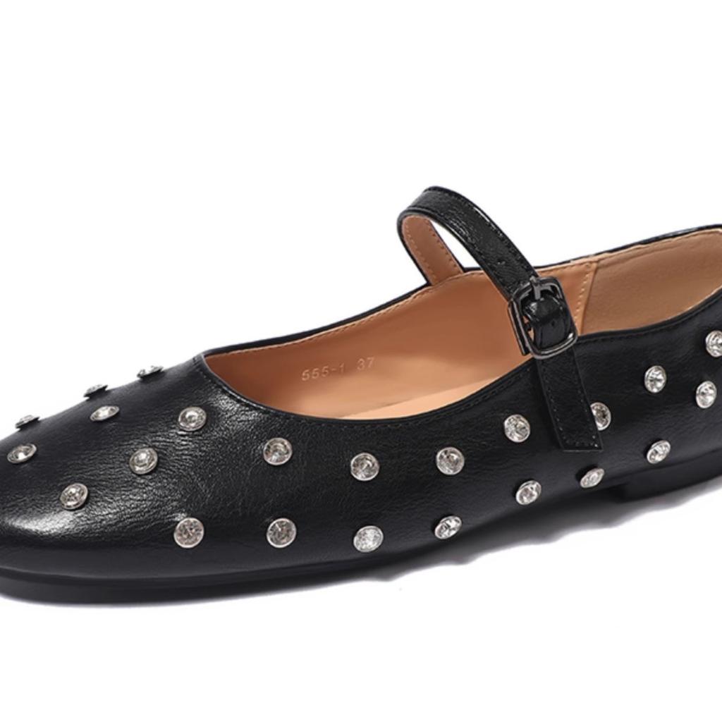 Sheepskin spring and summer new fashionable versatile one-word with rivet buckle leather soft Mary Jane ballet single shoes women