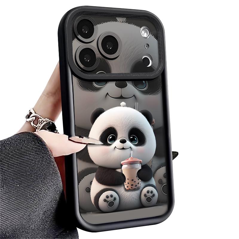 Milk tea-drinking Panda Pattern Case For iPhone 17 Pro Max Funda Shockproof Bumper Cover For iPhone 16 Pro Max 15 14 13 12 11 Air 16E