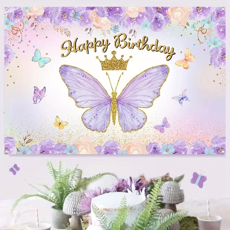 2D Flat Printing Floral Gold Crown Birthday Backdrop for Girl's Photoshoot