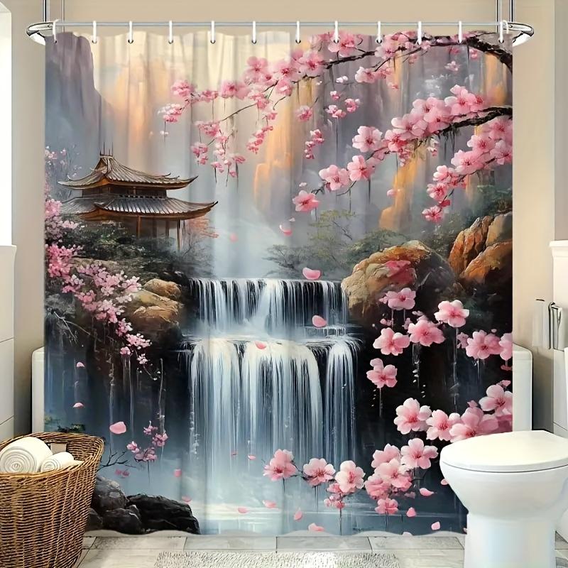 1Pc Mountain Waterfall Cherry Blossom Floral Print Shower Curtain With 12 Hooks - Machine Washable Polyester Fabric, Serene Land