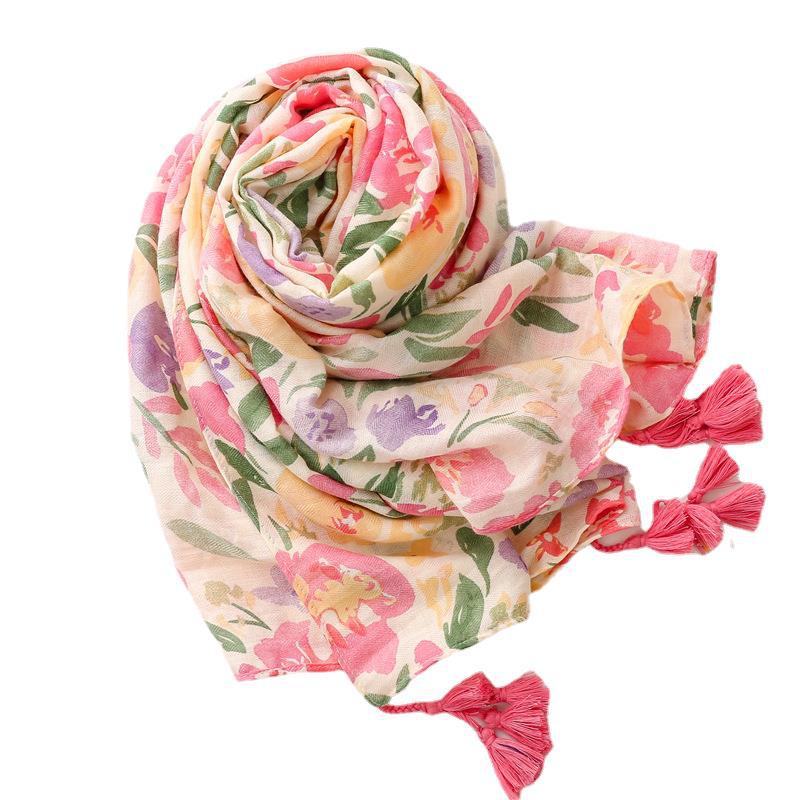 Early Spring Bright Color Tropical Plant Flower Print Cotton Linen Hand Touched Character Patterned Beach Towel Long Hanging Tassel Shawl For Women