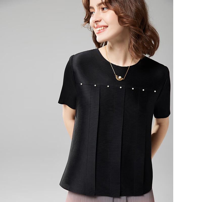 Wudao Light Luxury Pleated Beaded Round Neck Short Sleeve T-Shirt