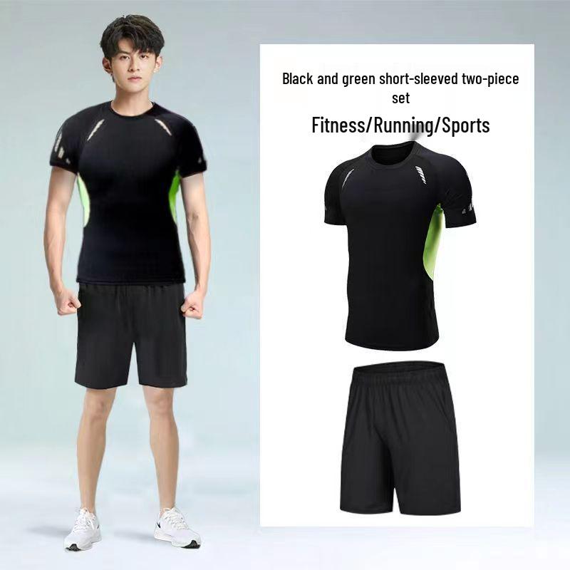 Pánské rychleschnoucí sportovní oblečení z ledového hedvábí s těsným střihem: Set s krátkým rukávem a pětibodovými kalhotami na letní fitness a běh